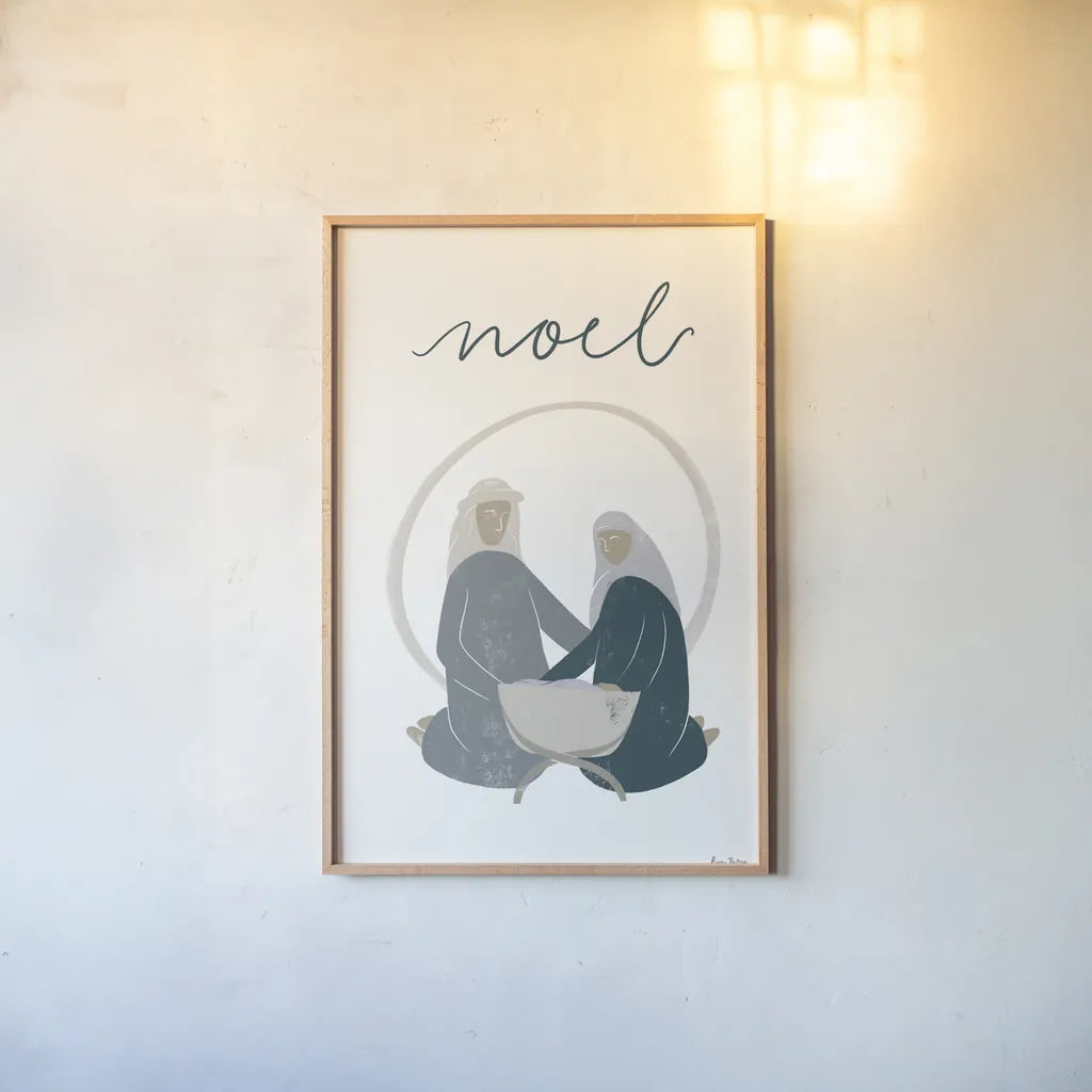 Nativity II by Becky Thorns. shown as a paper print in a natural frame. Available as a archival giclee rolled canvas, fine art paper, or poster print. SKU 73737h.