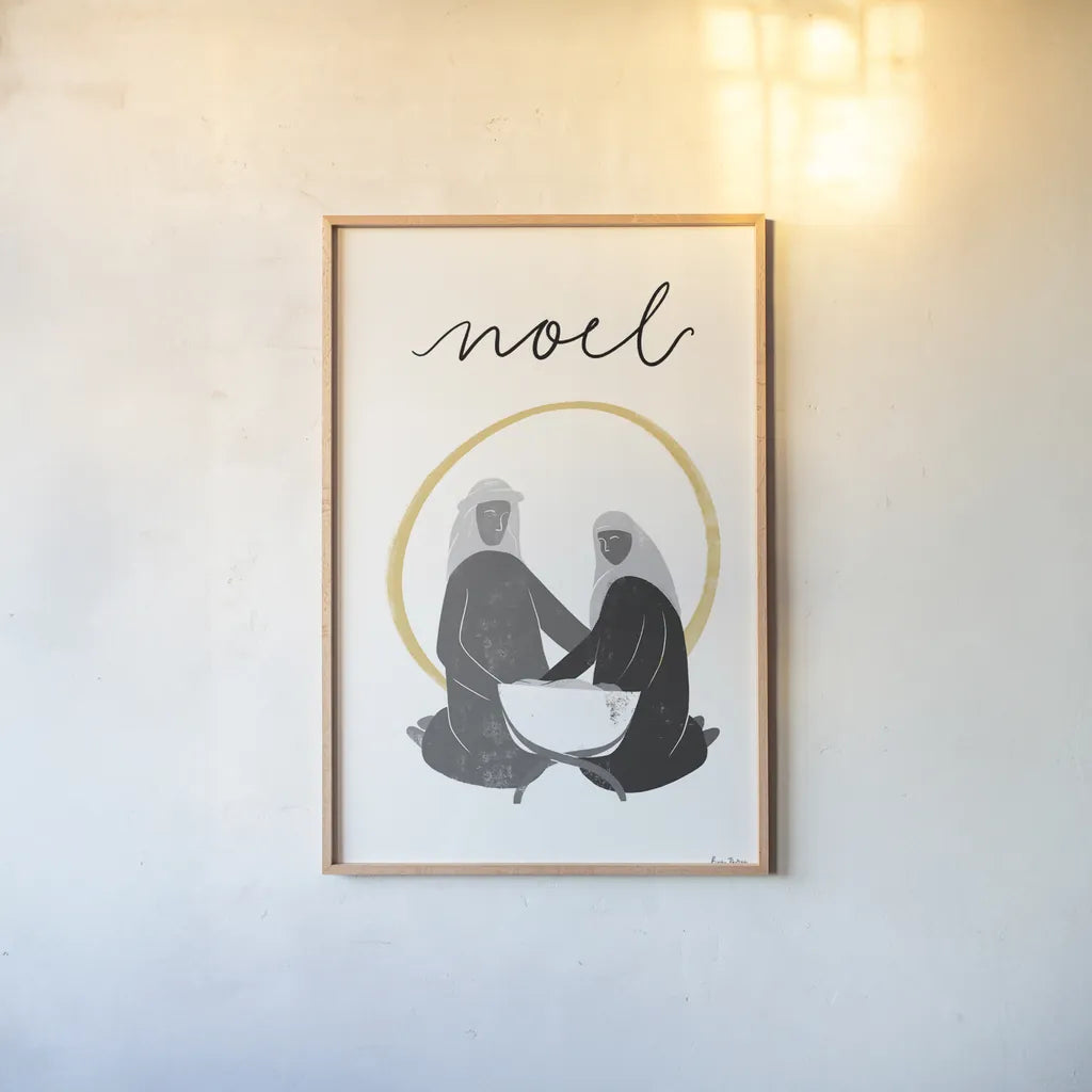 Nativity II BWG by Becky Thorns. shown as a paper print in a natural frame. Available as a archival giclee rolled canvas, fine art paper, or poster print. SKU 75723h.