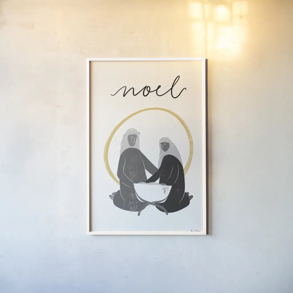 Nativity II BWG by Becky Thorns. shown as a paper print in a white frame. Available as a archival giclee rolled canvas, fine art paper, or poster print. SKU 75723h.