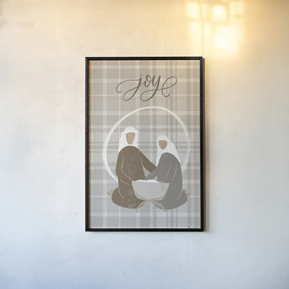 Nativity II Joy by Becky Thorns. shown as a paper print in a black flame. Available as a archival giclee rolled canvas, fine art paper, or poster print. SKU 76176h.