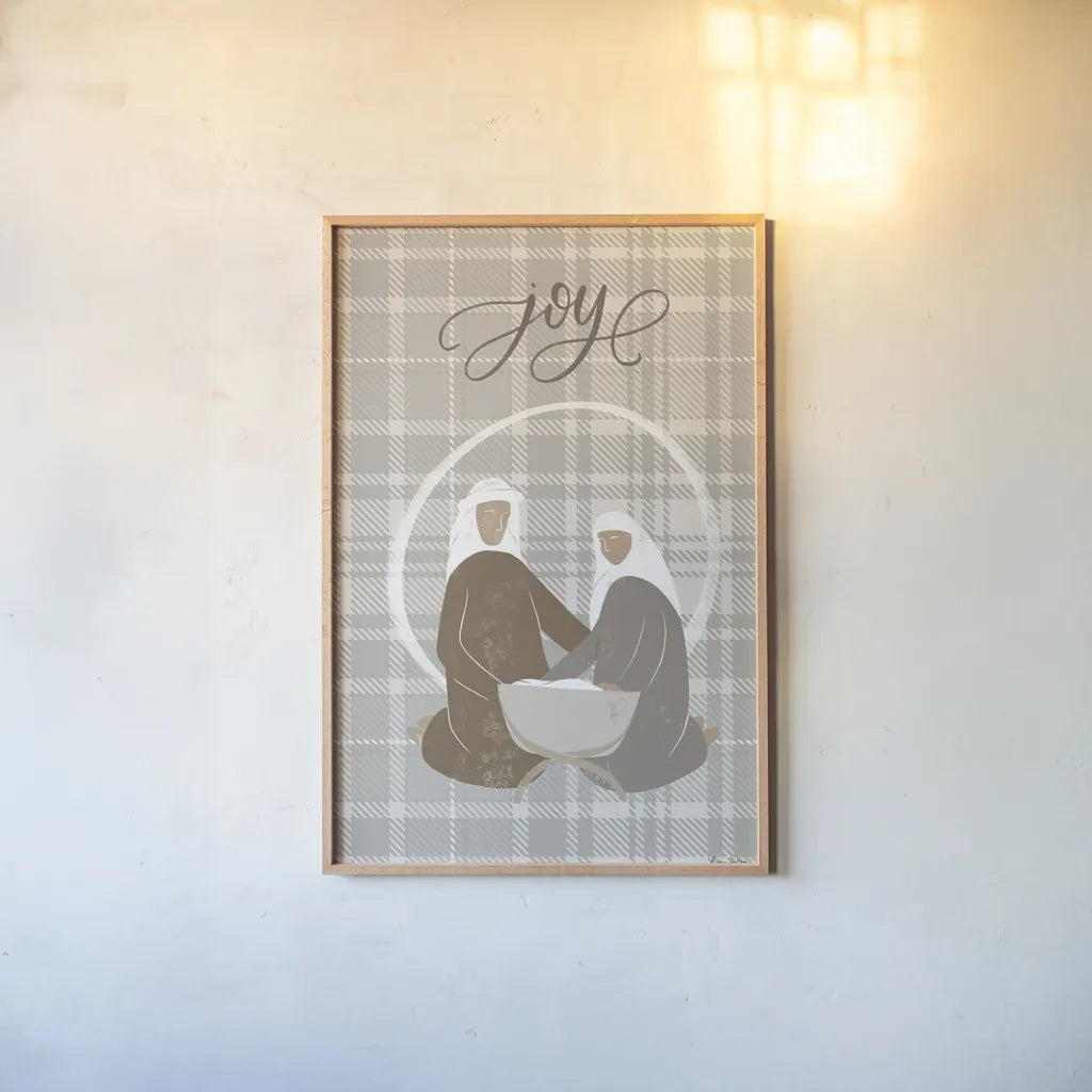 Nativity II Joy by Becky Thorns. shown as a paper print in a natural frame. Available as a archival giclee rolled canvas, fine art paper, or poster print. SKU 76176h.