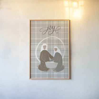 Nativity II Joy by Becky Thorns. shown as a paper print in a natural frame. Available as a archival giclee rolled canvas, fine art paper, or poster print. SKU 76176h.