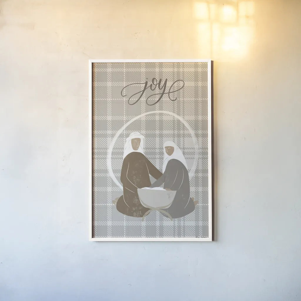 Nativity II Joy by Becky Thorns. shown as a paper print in a white frame. Available as a archival giclee rolled canvas, fine art paper, or poster print. SKU 76176h.