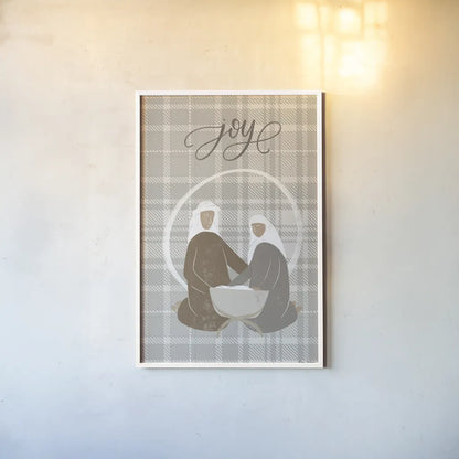 Nativity II Joy by Becky Thorns. shown as a paper print in a white frame. Available as a archival giclee rolled canvas, fine art paper, or poster print. SKU 76176h.