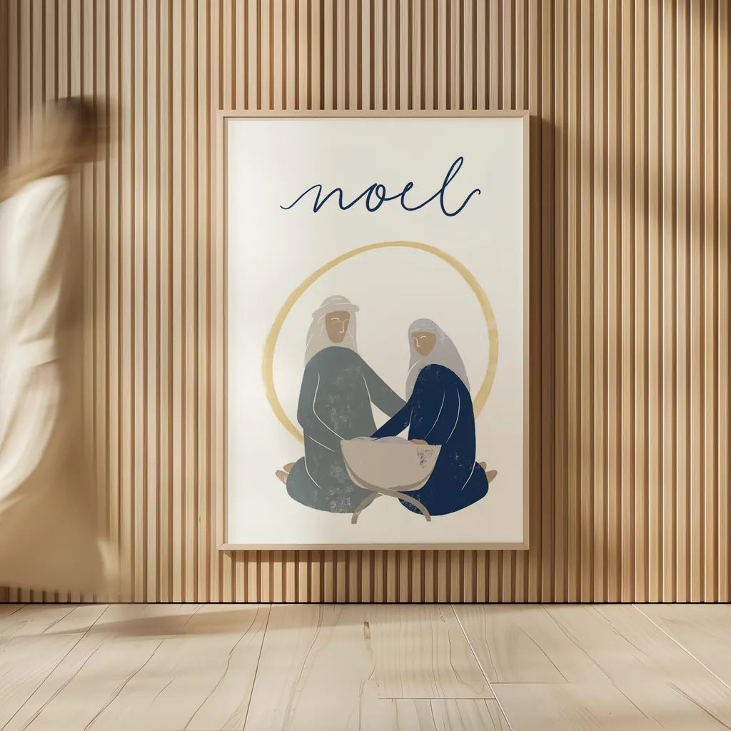 Nativity II with Navy by Becky Thorns. shown as over sized large wall art. Available as an archival giclee rolled canvas, fine art paper, or poster print. SKU 75406h.