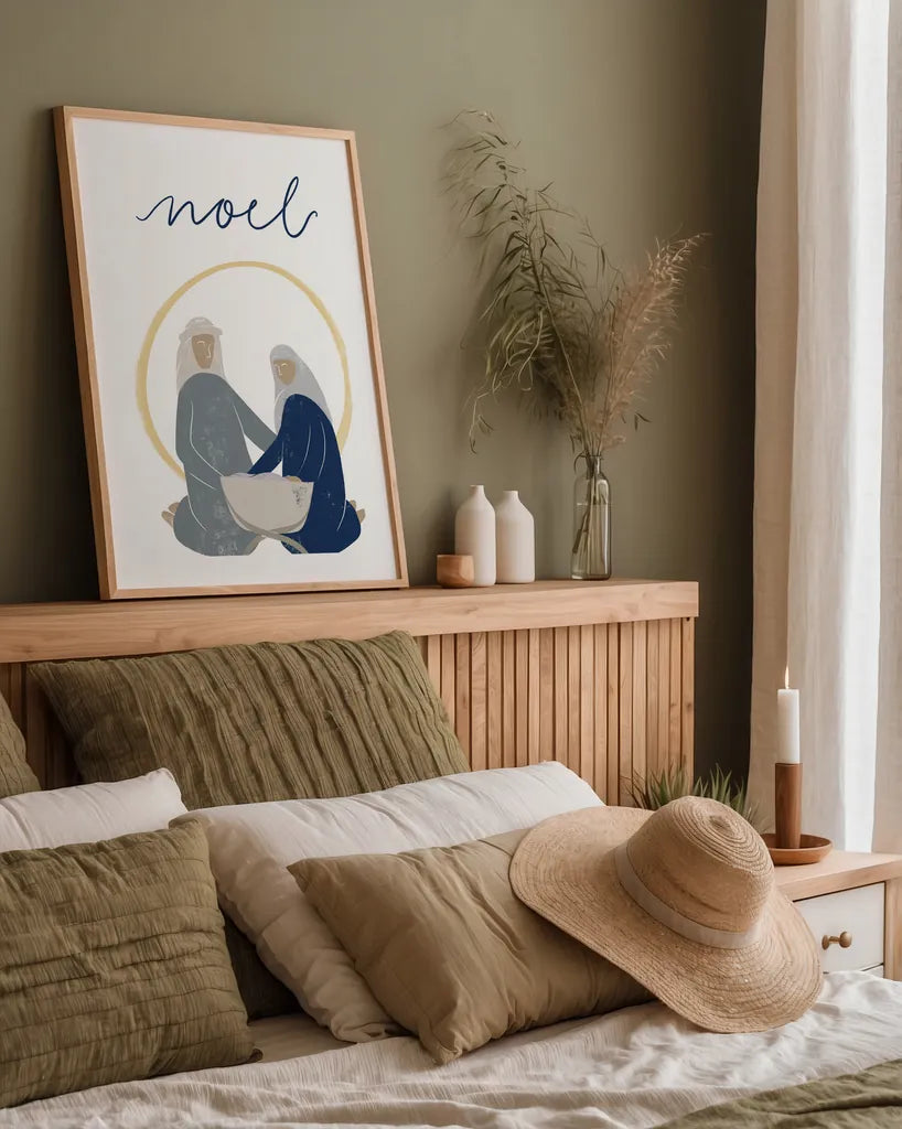 Nativity II with Navy by Becky Thorns. shown as a paper print in a natural frame. Available as a archival giclee rolled canvas, fine art paper, or poster print. SKU 75406h.