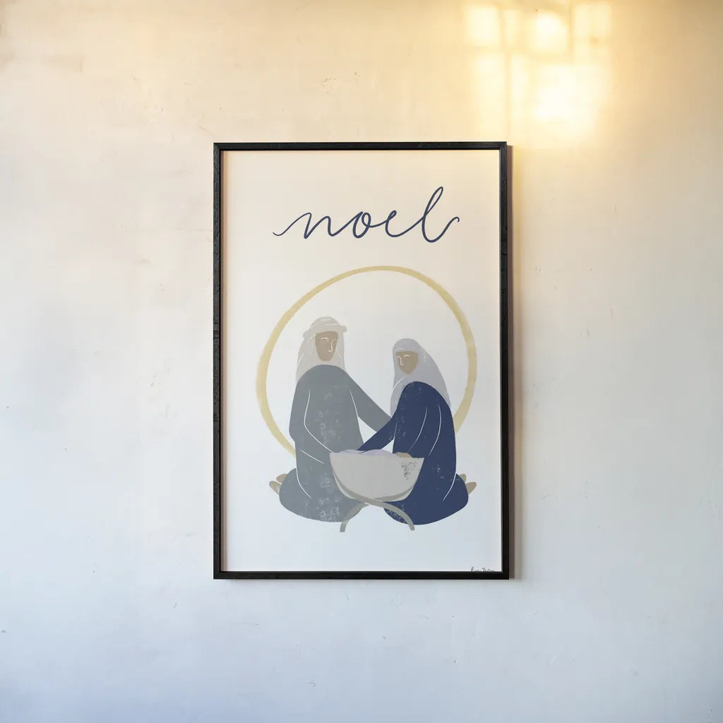 Nativity II with Navy by Becky Thorns. shown as a paper print in a black flame. Available as a archival giclee rolled canvas, fine art paper, or poster print. SKU 75406h.