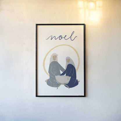 Nativity II with Navy by Becky Thorns. shown as a paper print in a black flame. Available as a archival giclee rolled canvas, fine art paper, or poster print. SKU 75406h.