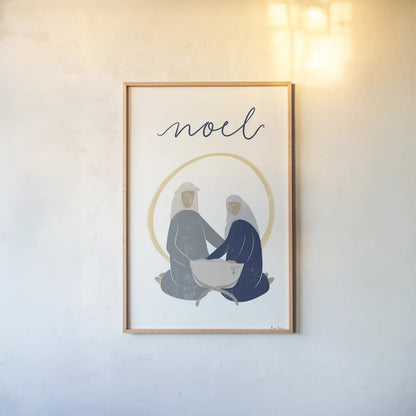 Nativity II with Navy by Becky Thorns. shown as a paper print in a natural frame. Available as a archival giclee rolled canvas, fine art paper, or poster print. SKU 75406h.