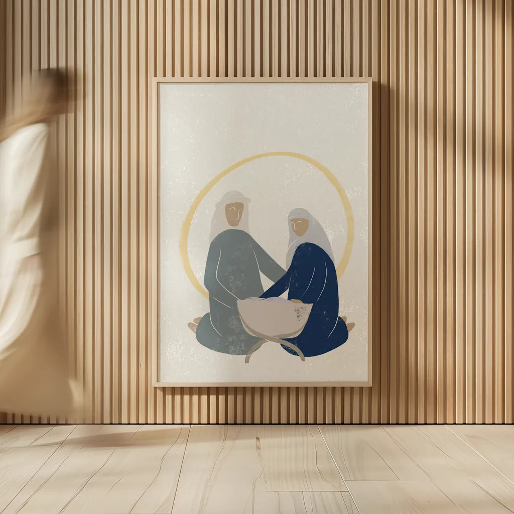 Nativity II with Navy no Words by Becky Thorns. shown as over sized large wall art. Available as an archival giclee rolled canvas, fine art paper, or poster print. SKU 81957h.