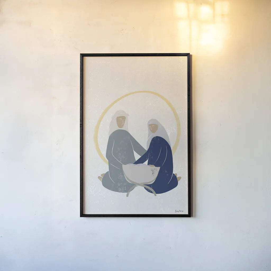 Nativity II with Navy no Words by Becky Thorns. shown as a paper print in a black flame. Available as a archival giclee rolled canvas, fine art paper, or poster print. SKU 81957h.