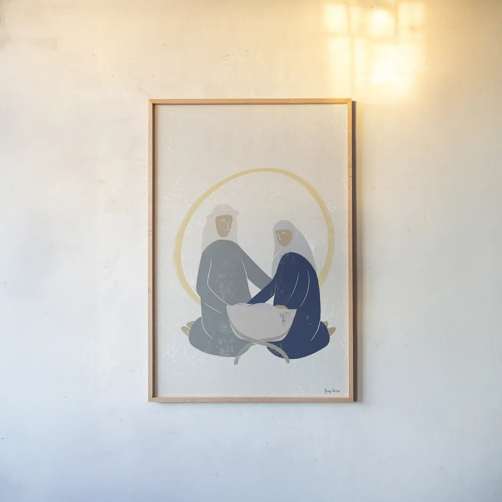 Nativity II with Navy no Words by Becky Thorns. shown as a paper print in a natural frame. Available as a archival giclee rolled canvas, fine art paper, or poster print. SKU 81957h.