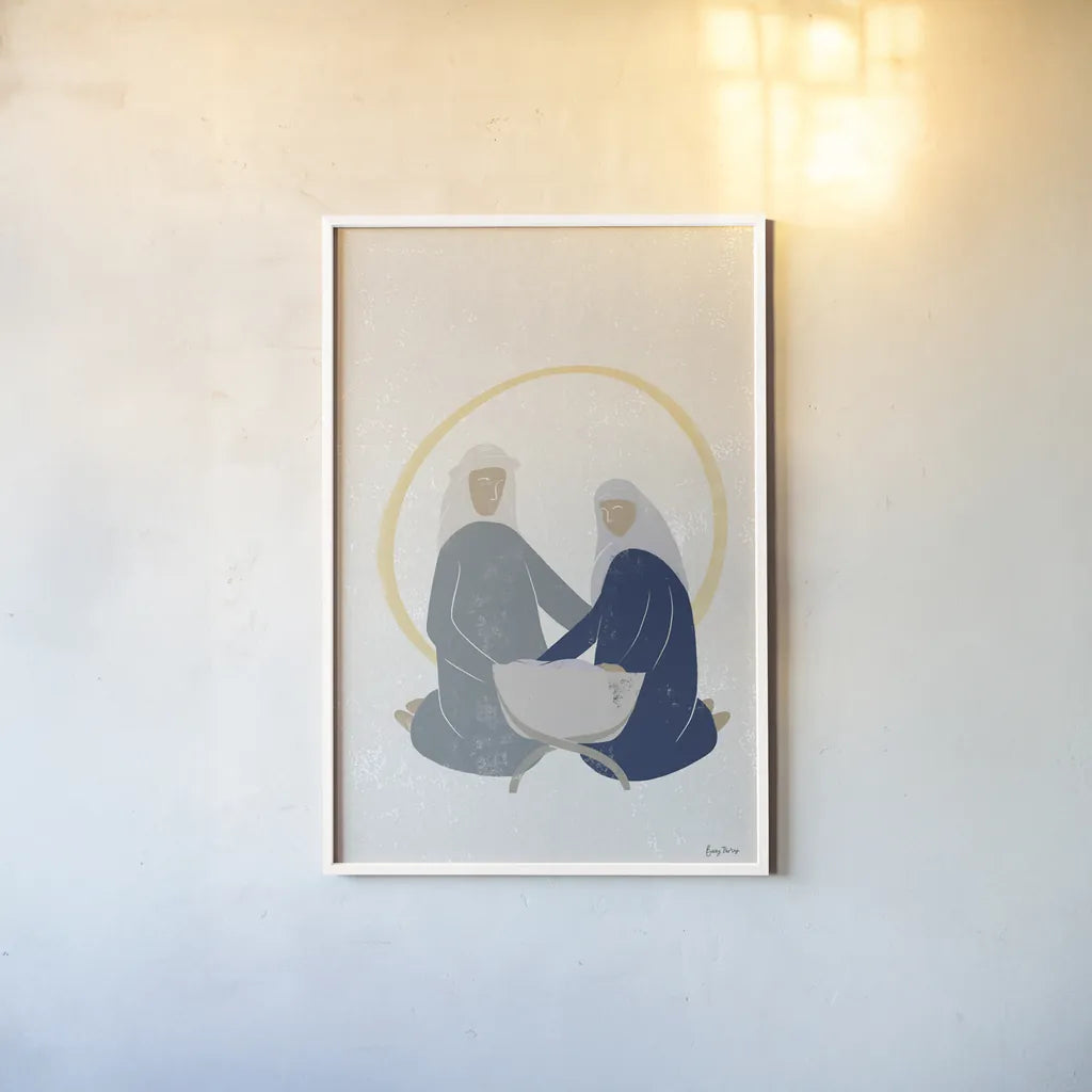 Nativity II with Navy no Words by Becky Thorns. shown as a paper print in a white frame. Available as a archival giclee rolled canvas, fine art paper, or poster print. SKU 81957h.