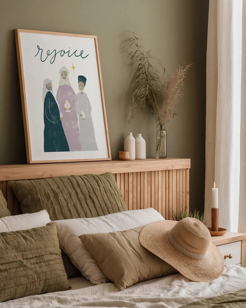 Nativity III by Becky Thorns. shown as a paper print in a natural frame. Available as a archival giclee rolled canvas, fine art paper, or poster print. SKU 73738h.