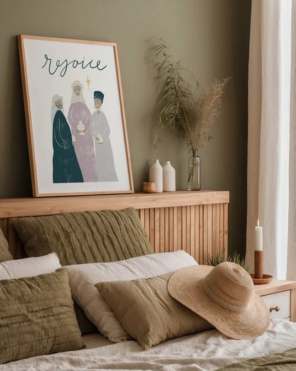 Nativity III by Becky Thorns. shown as a paper print in a natural frame. Available as a archival giclee rolled canvas, fine art paper, or poster print. SKU 73738h.