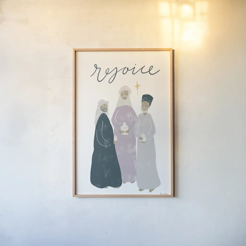 Nativity III by Becky Thorns. shown as a paper print in a natural frame. Available as a archival giclee rolled canvas, fine art paper, or poster print. SKU 73738h.