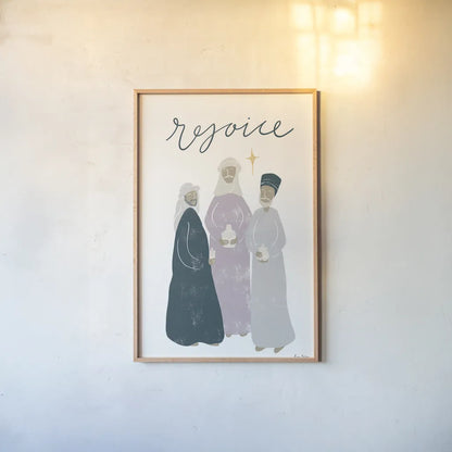 Nativity III by Becky Thorns. shown as a paper print in a natural frame. Available as a archival giclee rolled canvas, fine art paper, or poster print. SKU 73738h.