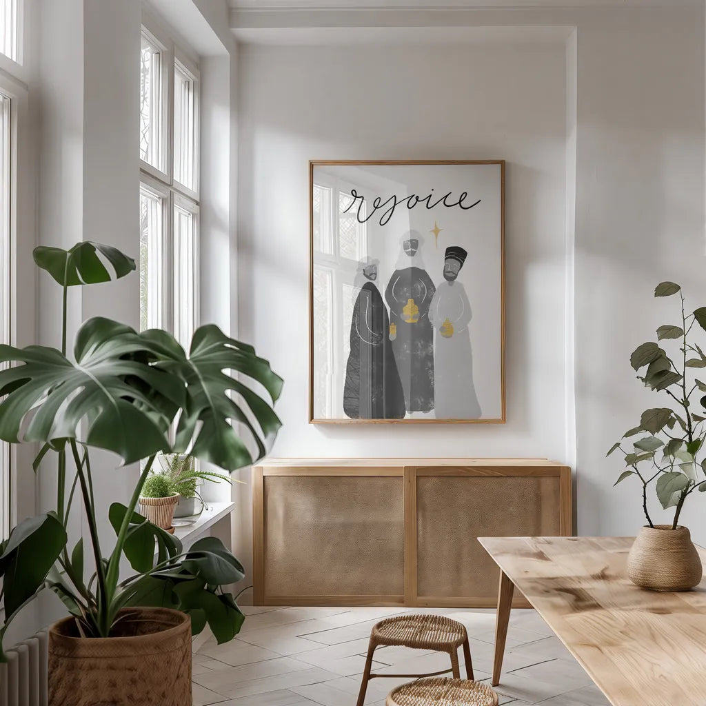 Nativity III BWG by Becky Thorns. shown as a print in a natural wood frame in a dining room. Available as a archival giclee rolled canvas, fine art paper, or poster print. SKU 75724h.