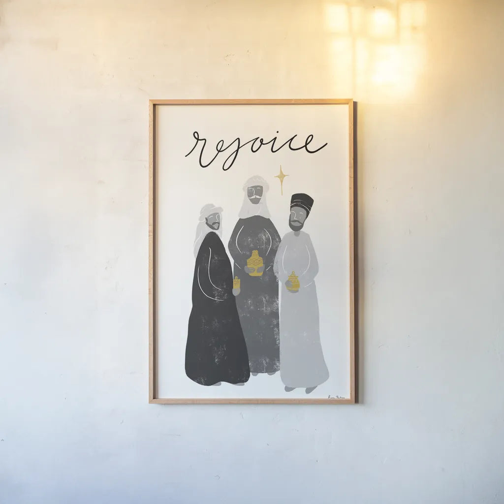 Nativity III BWG by Becky Thorns. shown as a paper print in a natural frame. Available as a archival giclee rolled canvas, fine art paper, or poster print. SKU 75724h.