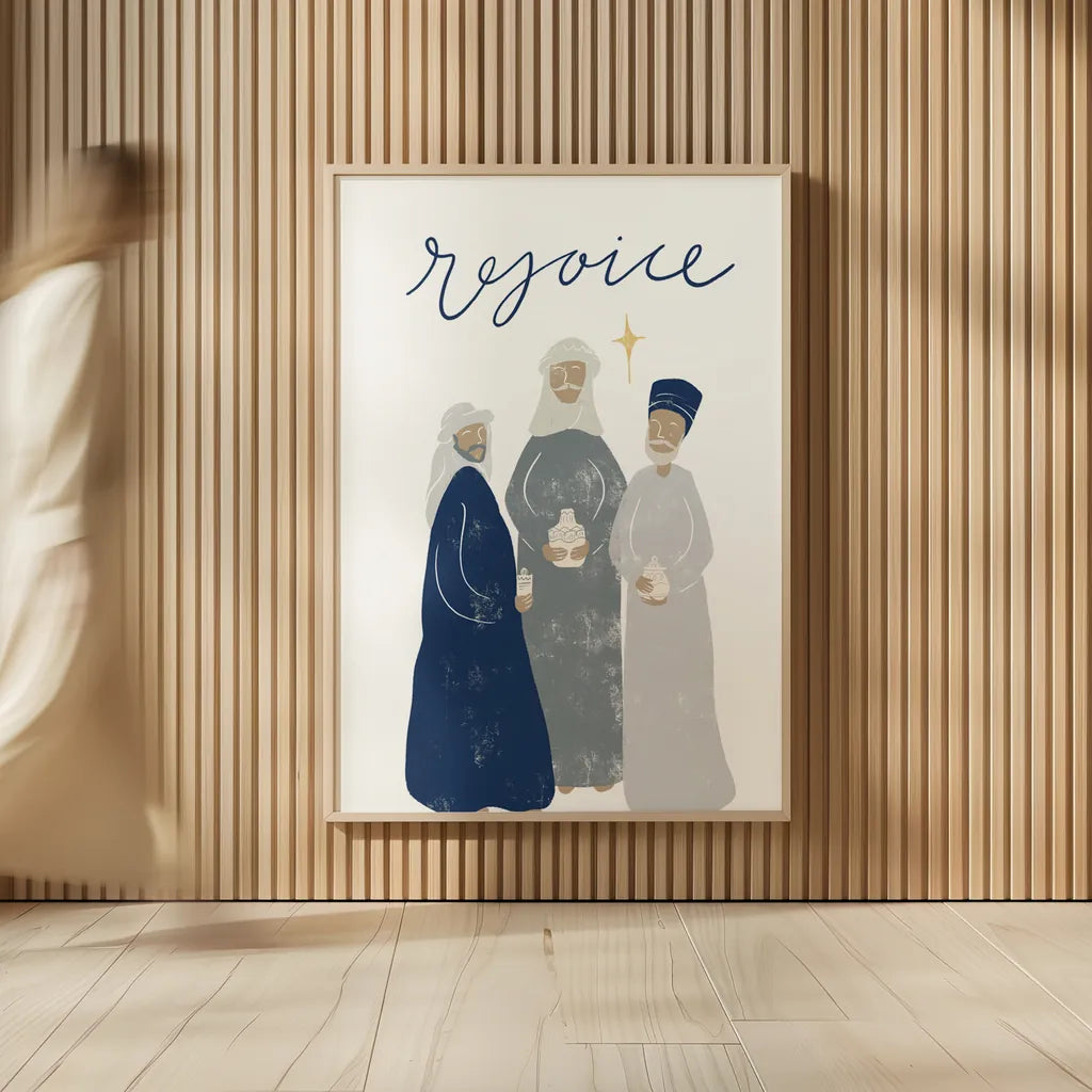 Nativity III with Navy by Becky Thorns. shown as over sized large wall art. Available as an archival giclee rolled canvas, fine art paper, or poster print. SKU 75407h.