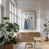 Nativity III with Navy by Becky Thorns. shown as a print in a natural wood frame in a dining room. Available as a archival giclee rolled canvas, fine art paper, or poster print. SKU 75407h.