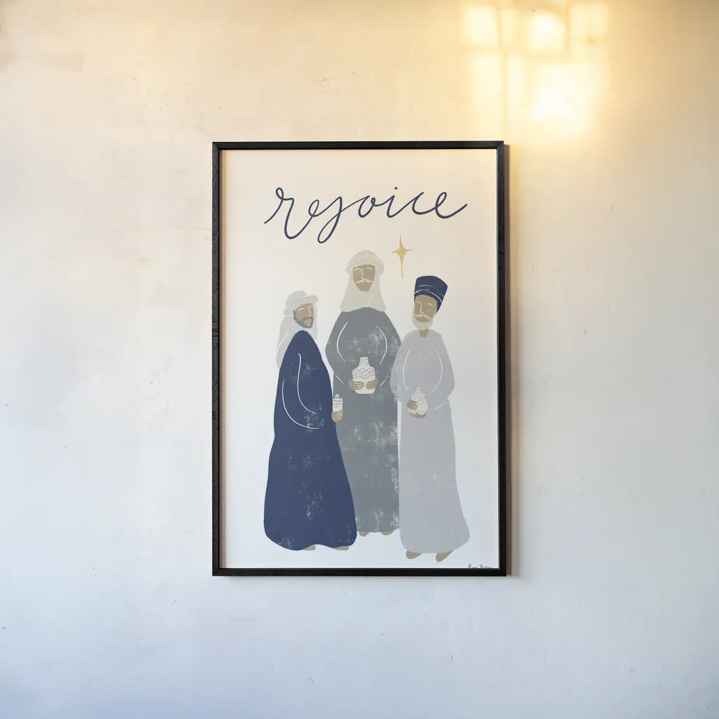 Nativity III with Navy by Becky Thorns. shown as a paper print in a black flame. Available as a archival giclee rolled canvas, fine art paper, or poster print. SKU 75407h.