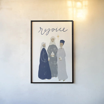 Nativity III with Navy by Becky Thorns. shown as a paper print in a black flame. Available as a archival giclee rolled canvas, fine art paper, or poster print. SKU 75407h.