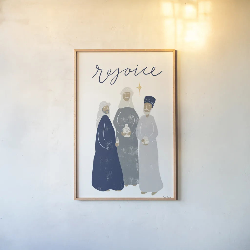 Nativity III with Navy by Becky Thorns. shown as a paper print in a natural frame. Available as a archival giclee rolled canvas, fine art paper, or poster print. SKU 75407h.