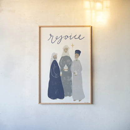 Nativity III with Navy by Becky Thorns. shown as a paper print in a natural frame. Available as a archival giclee rolled canvas, fine art paper, or poster print. SKU 75407h.