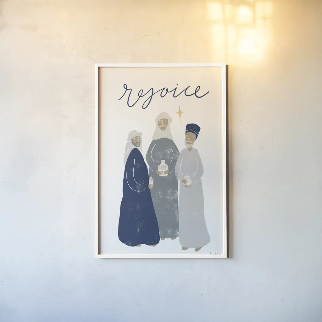 Nativity III with Navy by Becky Thorns. shown as a paper print in a white frame. Available as a archival giclee rolled canvas, fine art paper, or poster print. SKU 75407h.