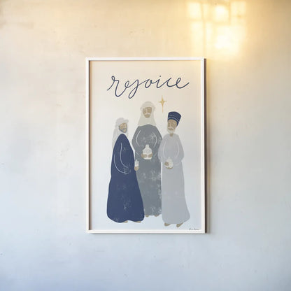 Nativity III with Navy by Becky Thorns. shown as a paper print in a white frame. Available as a archival giclee rolled canvas, fine art paper, or poster print. SKU 75407h.