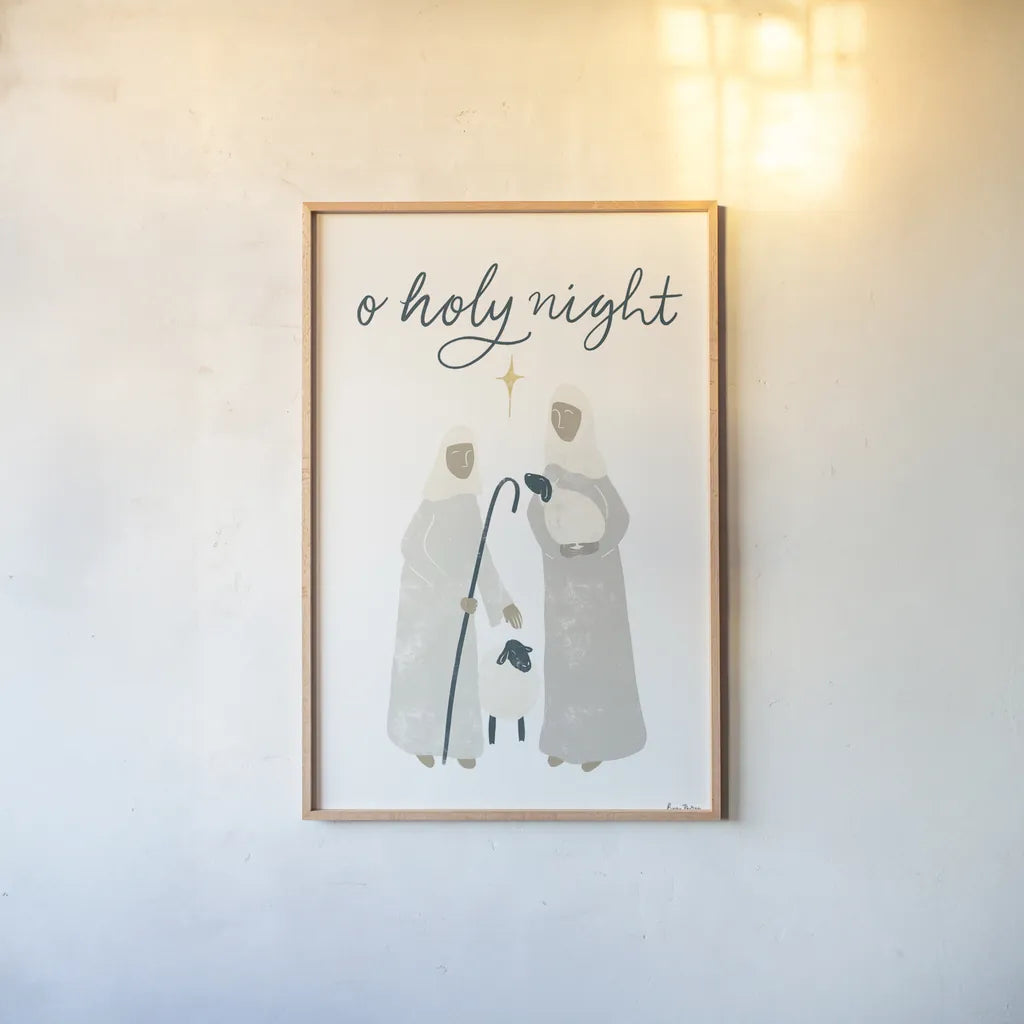 Nativity IV by Becky Thorns. shown as a paper print in a natural frame. Available as a archival giclee rolled canvas, fine art paper, or poster print. SKU 73739h.