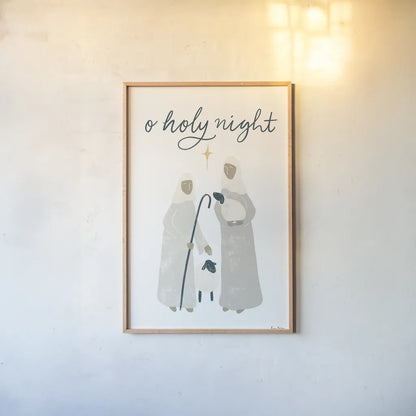 Nativity IV by Becky Thorns. shown as a paper print in a natural frame. Available as a archival giclee rolled canvas, fine art paper, or poster print. SKU 73739h.