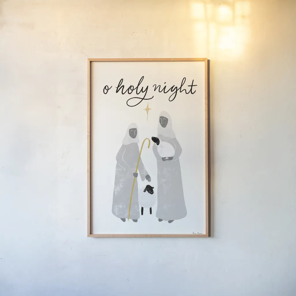 Nativity IV BWG by Becky Thorns. shown as a paper print in a natural frame. Available as a archival giclee rolled canvas, fine art paper, or poster print. SKU 75725h.