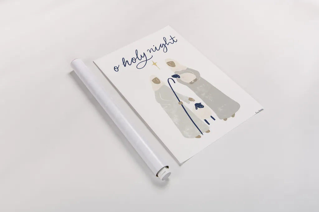 Nativity IV with Navy by Becky Thorns. shown as a rolled paper print. Available as archival giclee rolled canvas, fine art paper, or poster print. SKU 75408h.