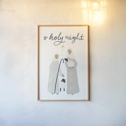 Nativity IV with Navy by Becky Thorns. shown as a paper print in a natural frame. Available as a archival giclee rolled canvas, fine art paper, or poster print. SKU 75408h.