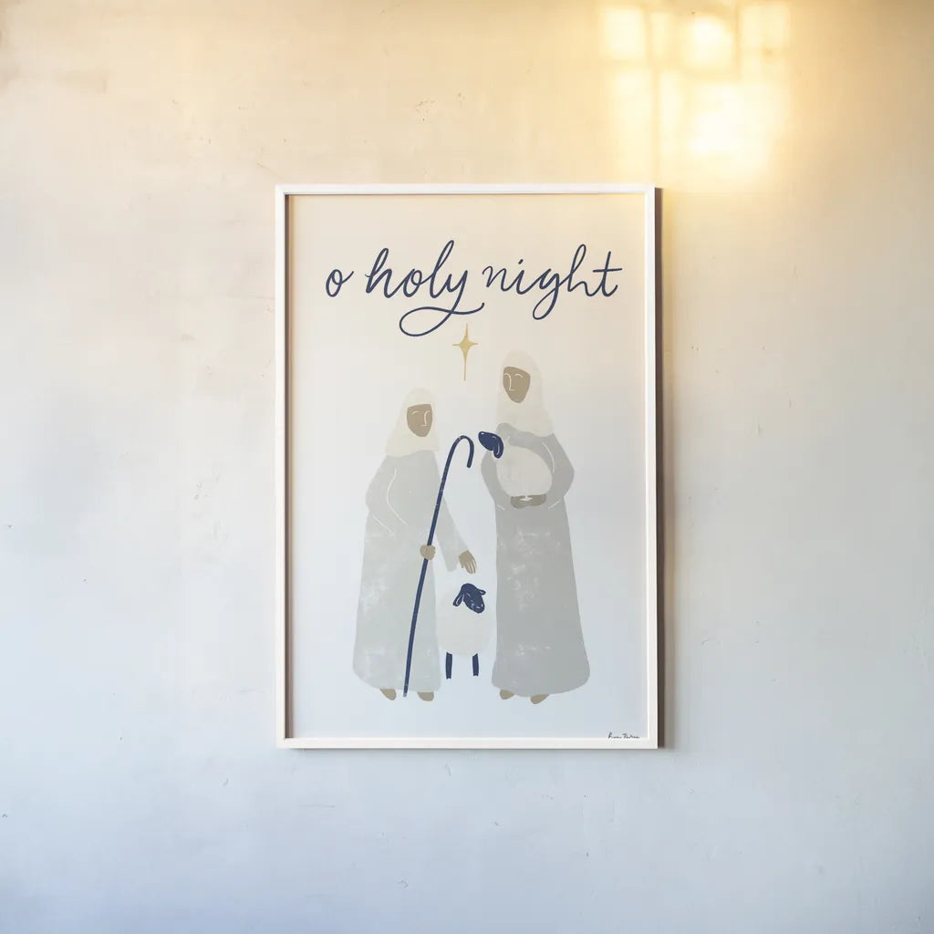 Nativity IV with Navy by Becky Thorns. shown as a paper print in a white frame. Available as a archival giclee rolled canvas, fine art paper, or poster print. SKU 75408h.