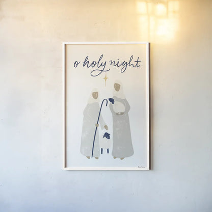 Nativity IV with Navy by Becky Thorns. shown as a paper print in a white frame. Available as a archival giclee rolled canvas, fine art paper, or poster print. SKU 75408h.