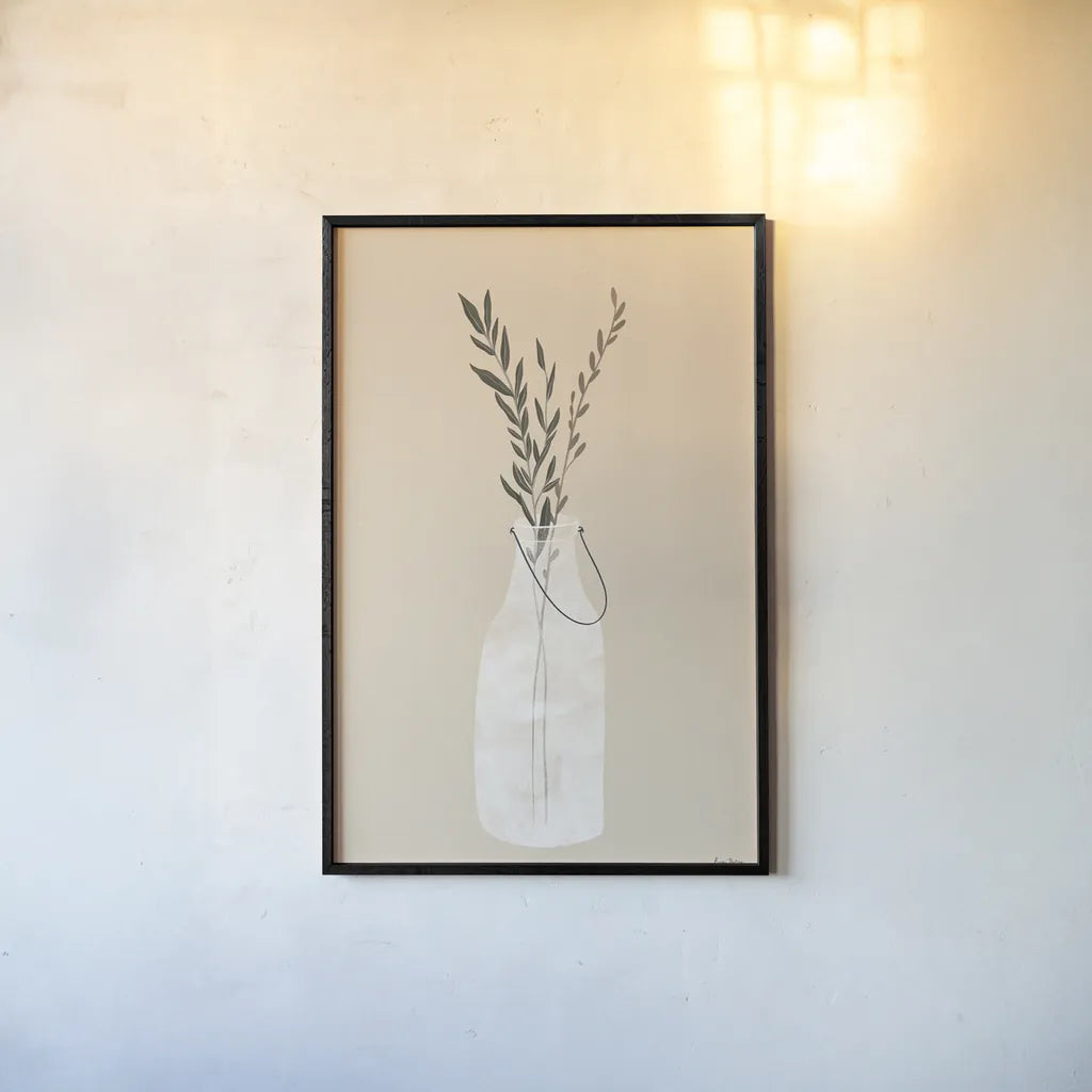 Natural Vessels II Linen Tan by Becky Thorns. shown as a paper print in a black flame. Available as a archival giclee rolled canvas, fine art paper, or poster print. SKU 81178h.