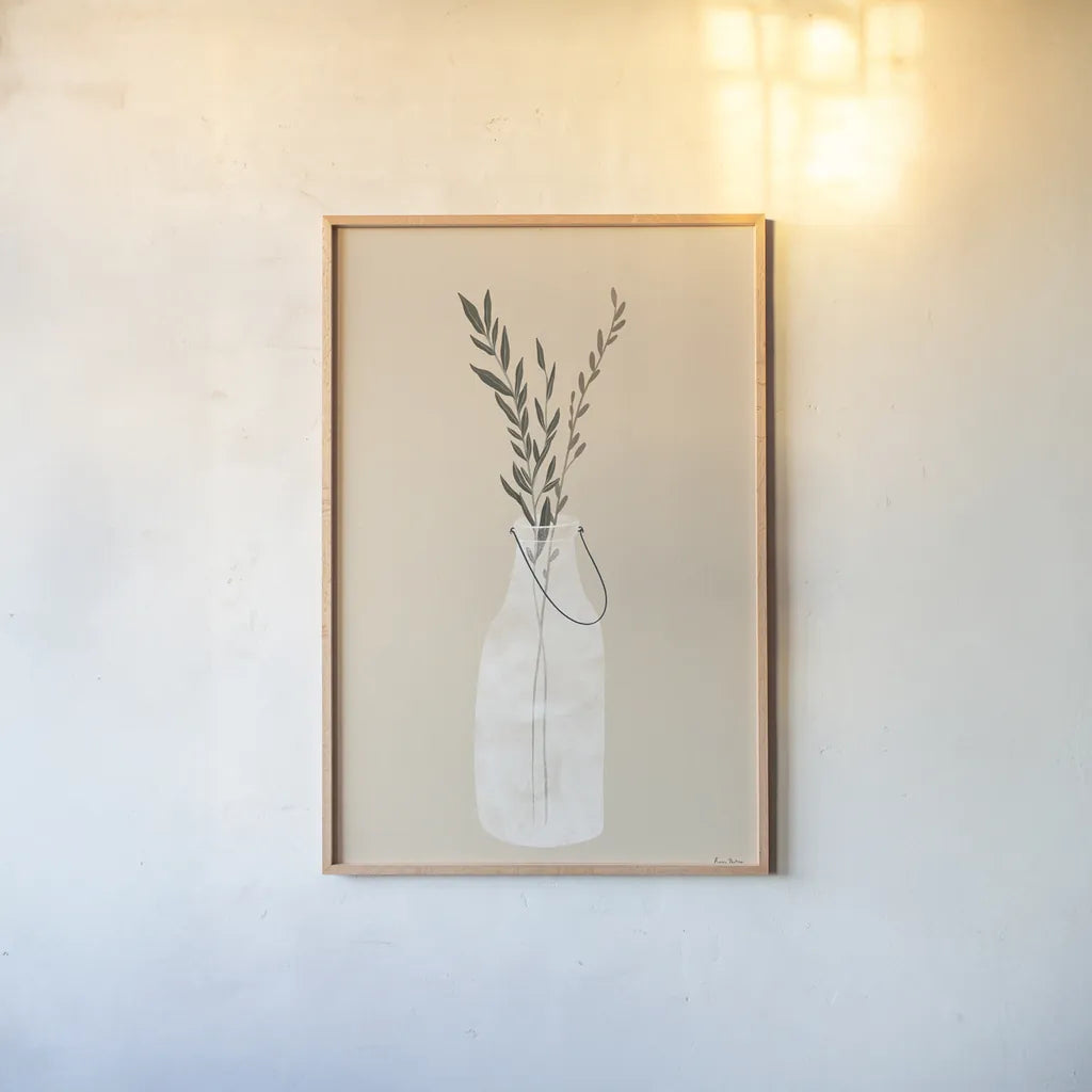 Natural Vessels II Linen Tan by Becky Thorns. shown as a paper print in a natural frame. Available as a archival giclee rolled canvas, fine art paper, or poster print. SKU 81178h.