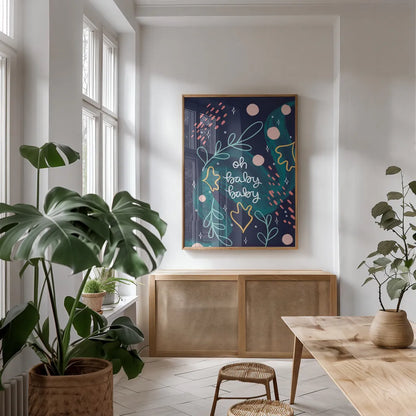 New Baby I by Becky Thorns. shown as a print in a natural wood frame in a dining room. Available as a archival giclee rolled canvas, fine art paper, or poster print. SKU 88720h.