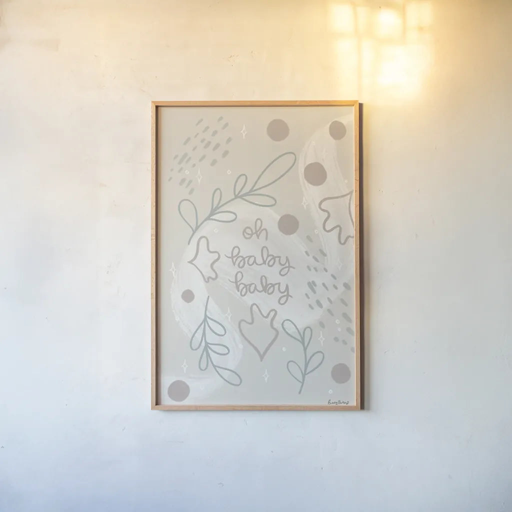 New Baby I Neutral by Becky Thorns. shown as a paper print in a natural frame. Available as a archival giclee rolled canvas, fine art paper, or poster print. SKU 88809h.