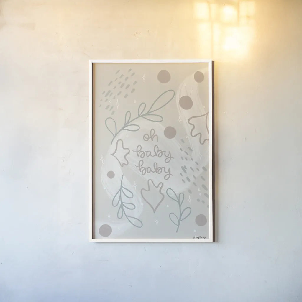 New Baby I Neutral by Becky Thorns. shown as a paper print in a white frame. Available as a archival giclee rolled canvas, fine art paper, or poster print. SKU 88809h.