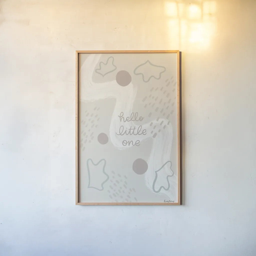 New Baby III Neautral by Becky Thorns. shown as a paper print in a natural frame. Available as a archival giclee rolled canvas, fine art paper, or poster print. SKU 88811h.