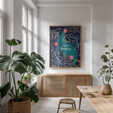 New Baby IV by Becky Thorns. shown as a print in a natural wood frame in a dining room. Available as a archival giclee rolled canvas, fine art paper, or poster print. SKU 88723h.