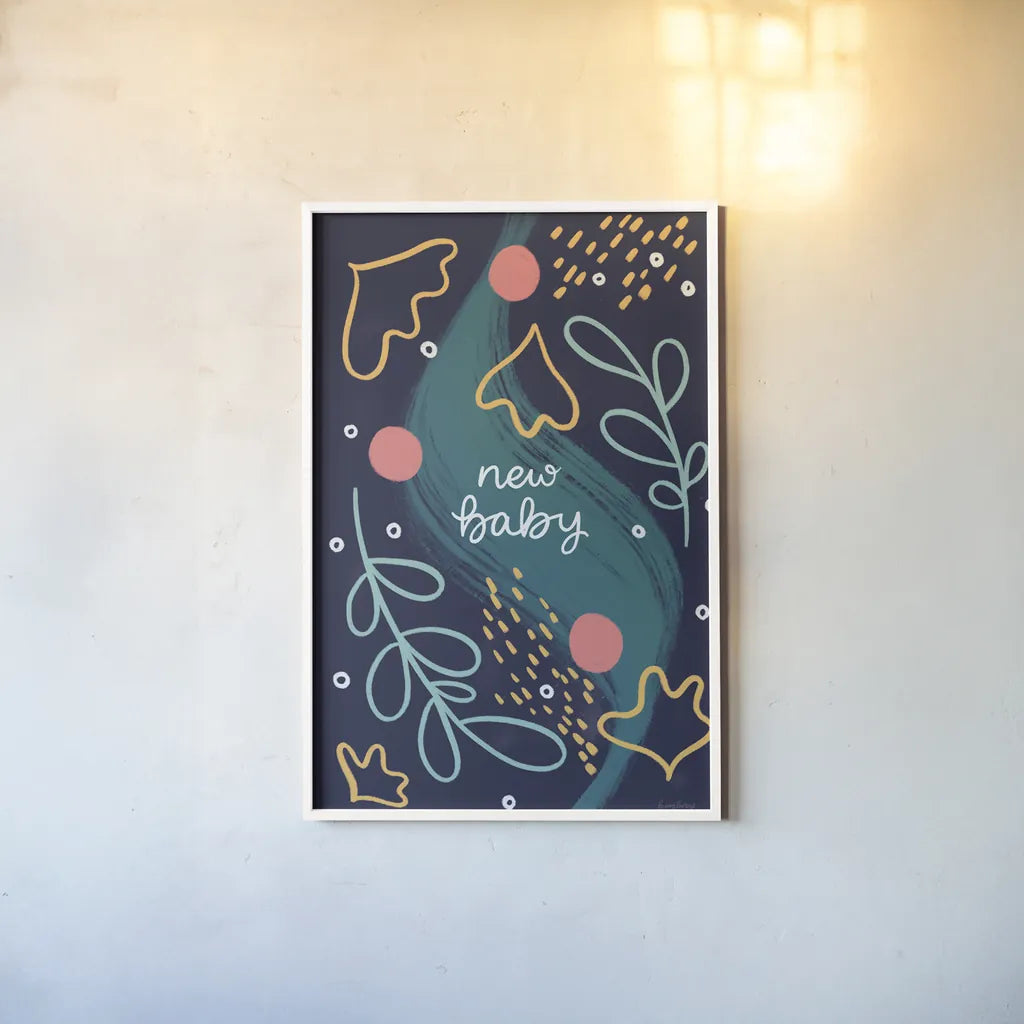 New Baby IV by Becky Thorns. shown as a paper print in a white frame. Available as a archival giclee rolled canvas, fine art paper, or poster print. SKU 88723h.