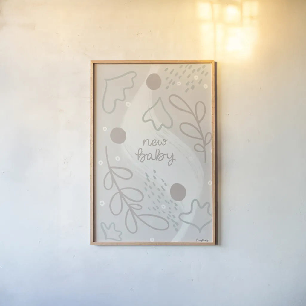 New Baby IV Neutral by Becky Thorns. shown as a paper print in a natural frame. Available as a archival giclee rolled canvas, fine art paper, or poster print. SKU 88812h.