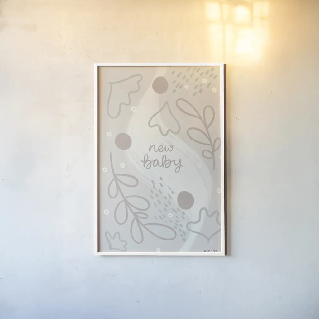 New Baby IV Neutral by Becky Thorns. shown as a paper print in a white frame. Available as a archival giclee rolled canvas, fine art paper, or poster print. SKU 88812h.