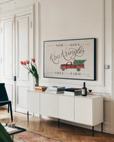 Nostalgic Christmas III by Becky Thorns. shown as a framed stretched canvas in a living room above a console. Available as a archival giclee rolled canvas, fine art paper, or poster print. SKU 84778i.