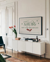 Nostalgic Christmas IV by Becky Thorns. shown as a framed stretched canvas in a living room above a console. Available as a archival giclee rolled canvas, fine art paper, or poster print. SKU 84779i.